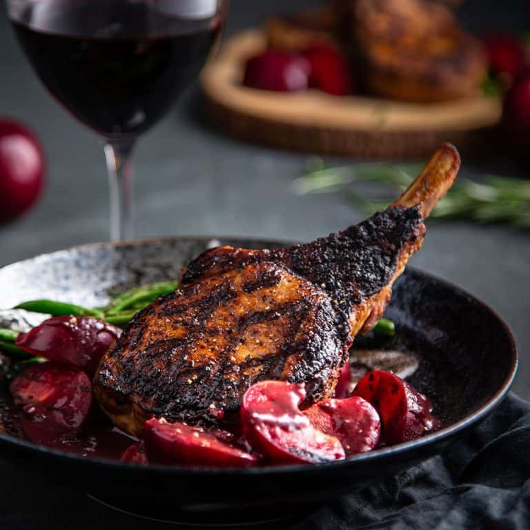 Carnivor Wines Pork Chops with Roasted Plums in Red Wine Reduction Recipe